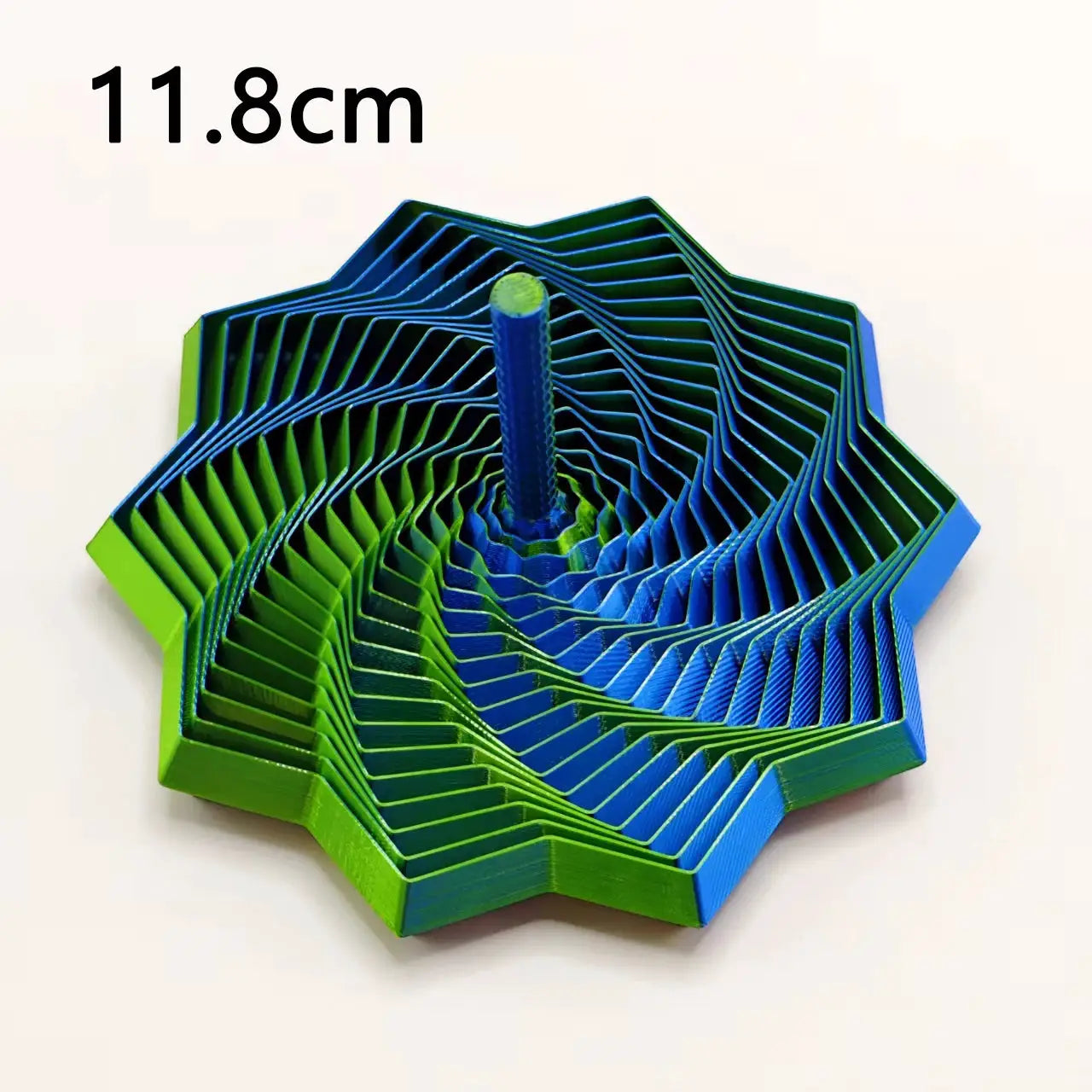 3D-printed sensory fidget star hexagon spiral sculpture in blue and green, layered whirling ornament