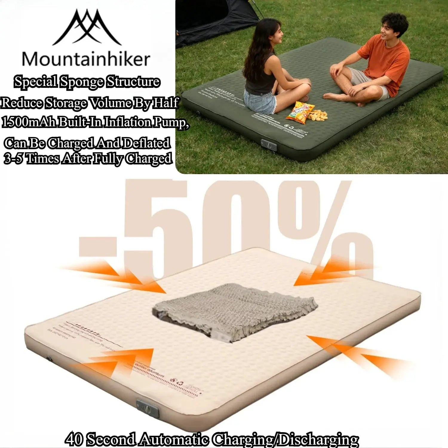 MountainHiker Self Inflating Mattress For Single Or Double Use Thick 10cm Camping Sleeping Pad Compact Folding Bed