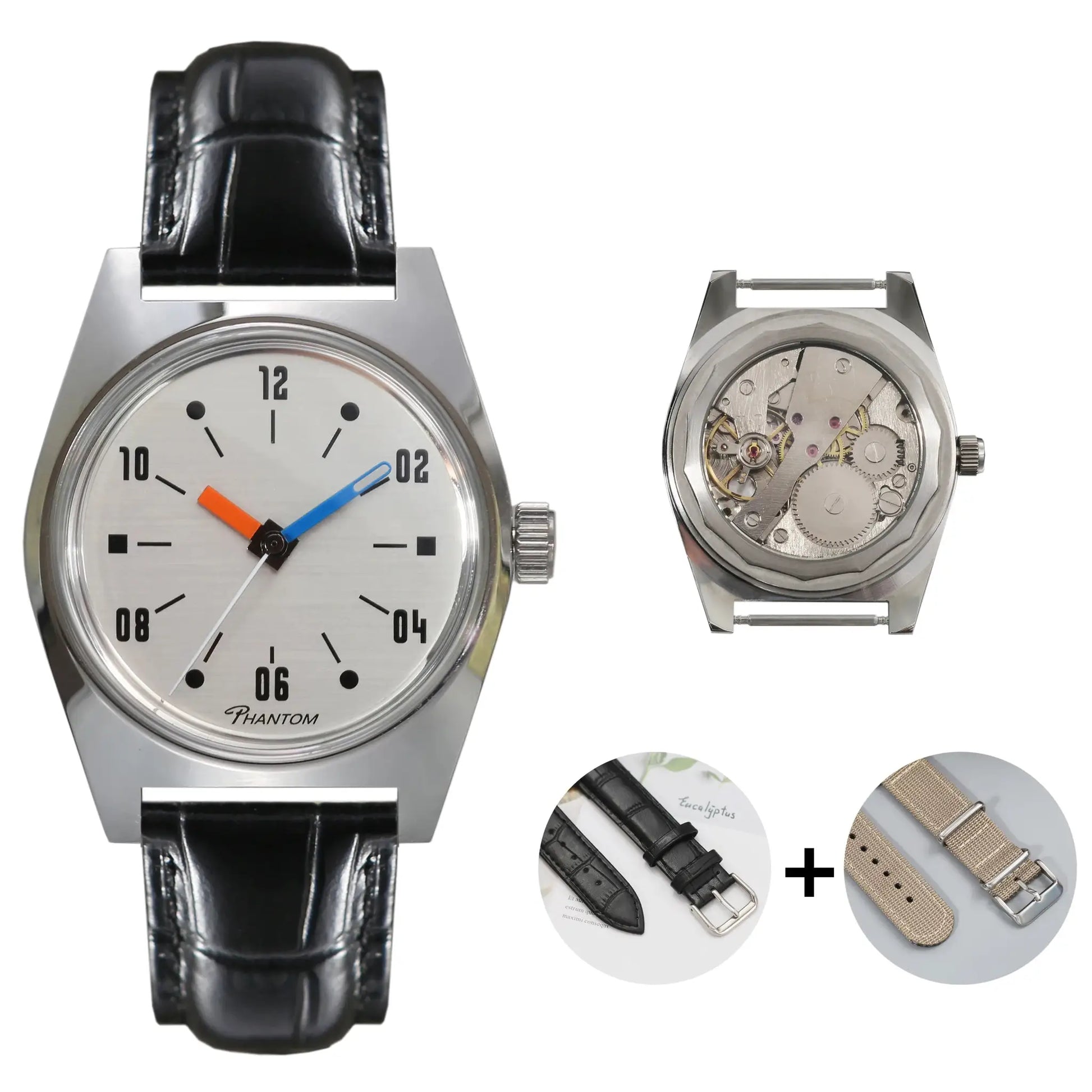 7120 hand-wind mechanical men's watch, 36mm, Simples Market; silver case, white dial, black leather strap