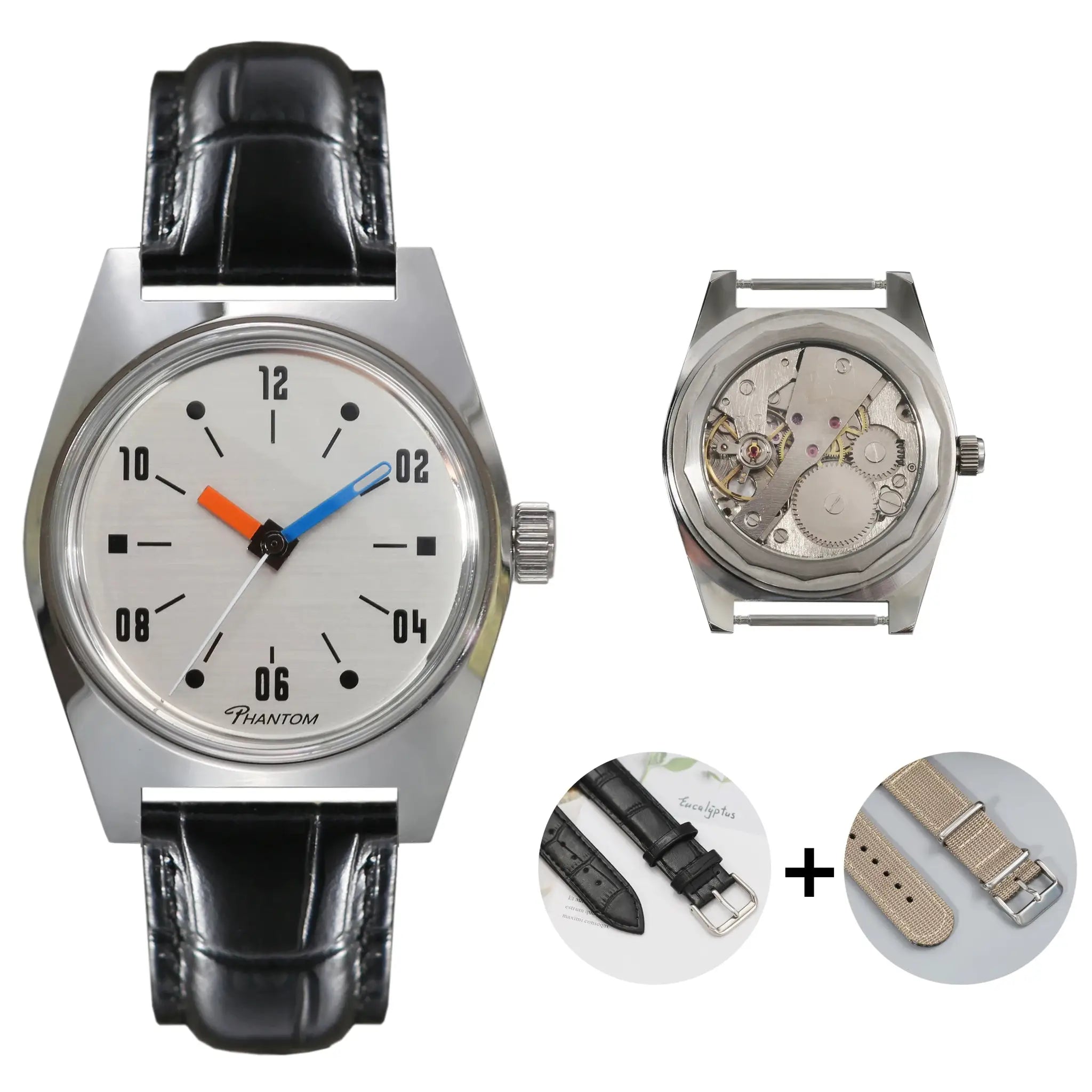 7120 hand-wind mechanical men's watch, 36mm, Simples Market; silver case, white dial, black leather strap