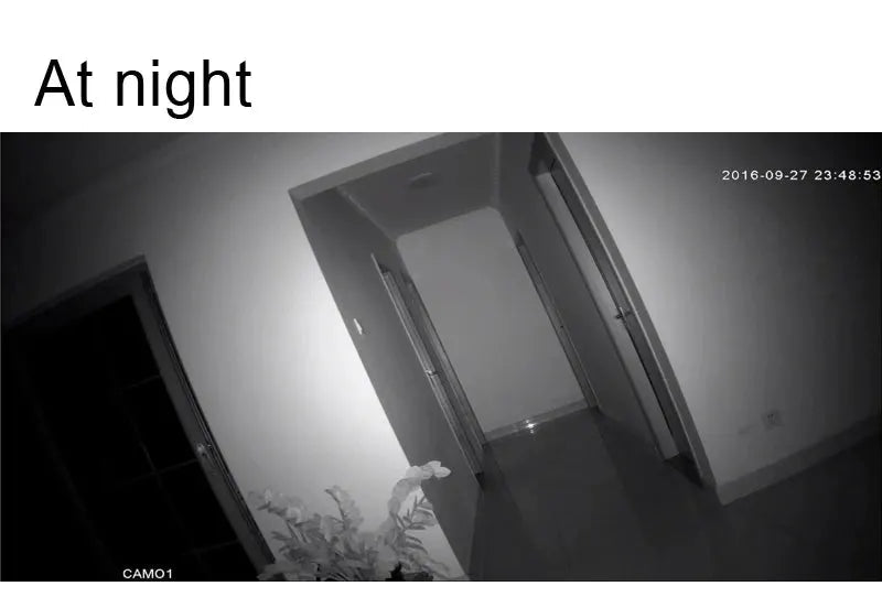 JIENUO 4K AHD CCTV security camera view at night in grayscale hallway with infrared night vision