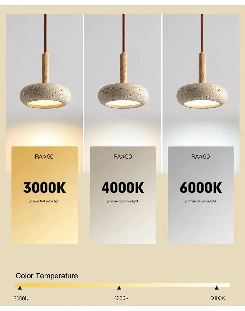 Simples Market 2025 Wabi Sabi circular yellow stone LED pendant lamp with wooden stem; three pendants shown 3000K–6000K