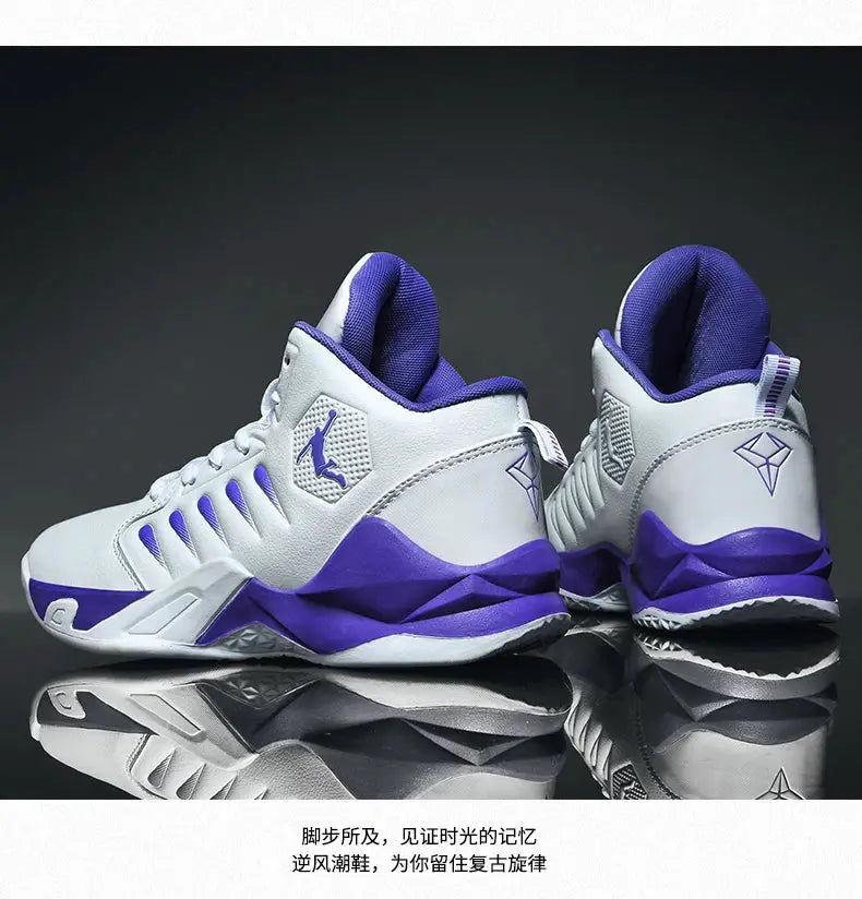 Simples Market men's athletic sneakers, white with purple accents, breathable luxury running shoes pair.