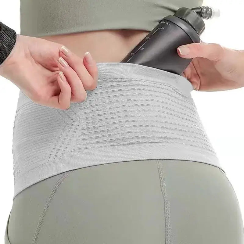 Seamless Invisible Running Waist Belt Bag by Simples Market; grey fanny pack for unisex fitness, holds water bottle.