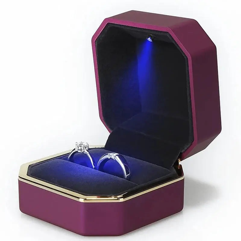 LED Jewelry Ring Box With Light Leather Exterior And Velvet Interior For Proposal Engagement Wedding Gift