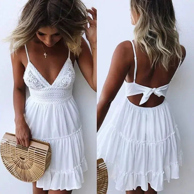 AzureWave Solid Color Lace Strap A Line Dress Lightweight Elegant Summer Seaside Vacation Wear