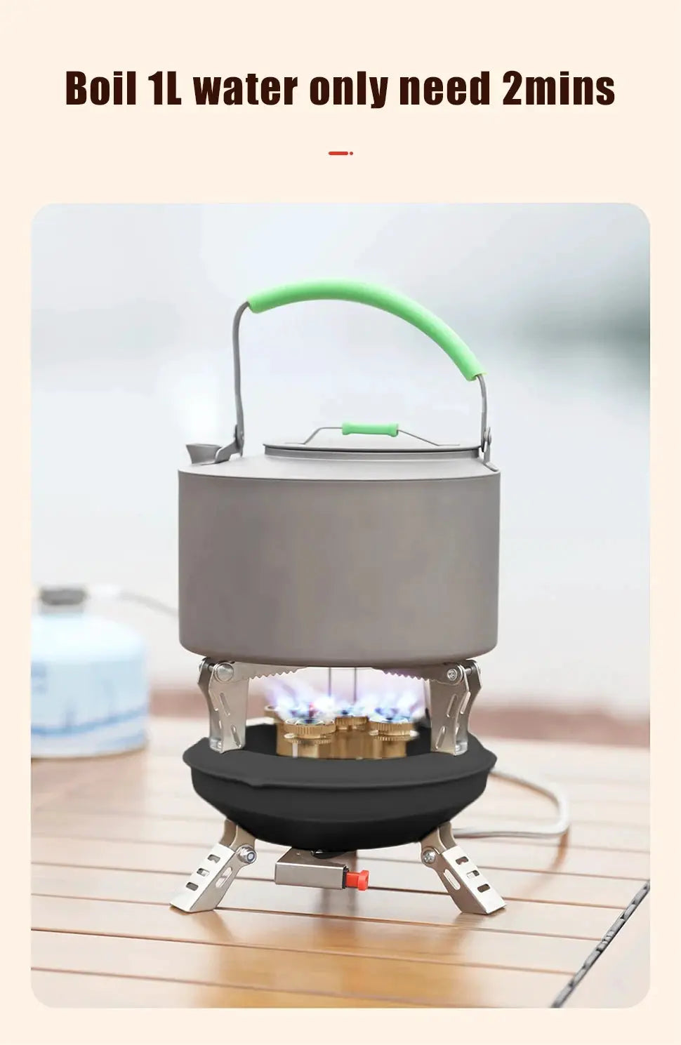 BRS201A camping gas stove with gray kettle on top, green handle, 16000W, piezo ignition