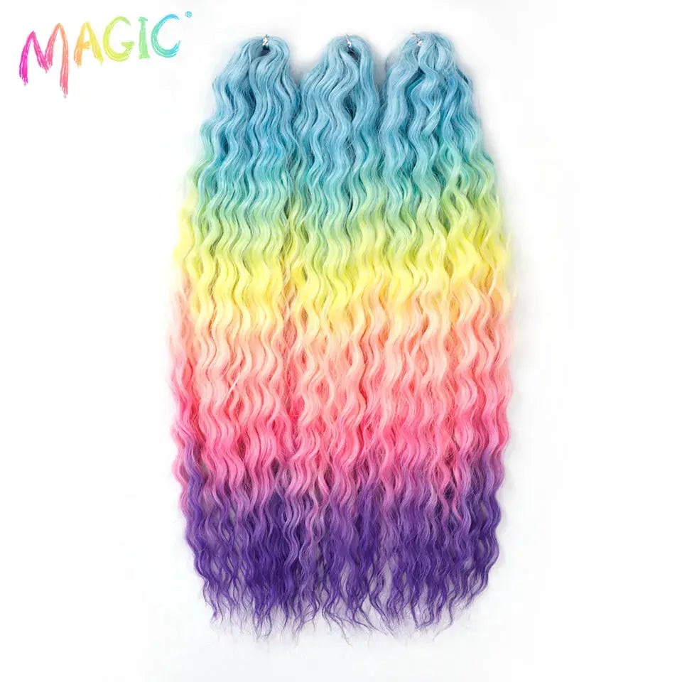 Magic Ariel Curl water-wave crochet hair; 3 bundles; ombre blue–purple to pink, 22in synthetic braiding hair extension