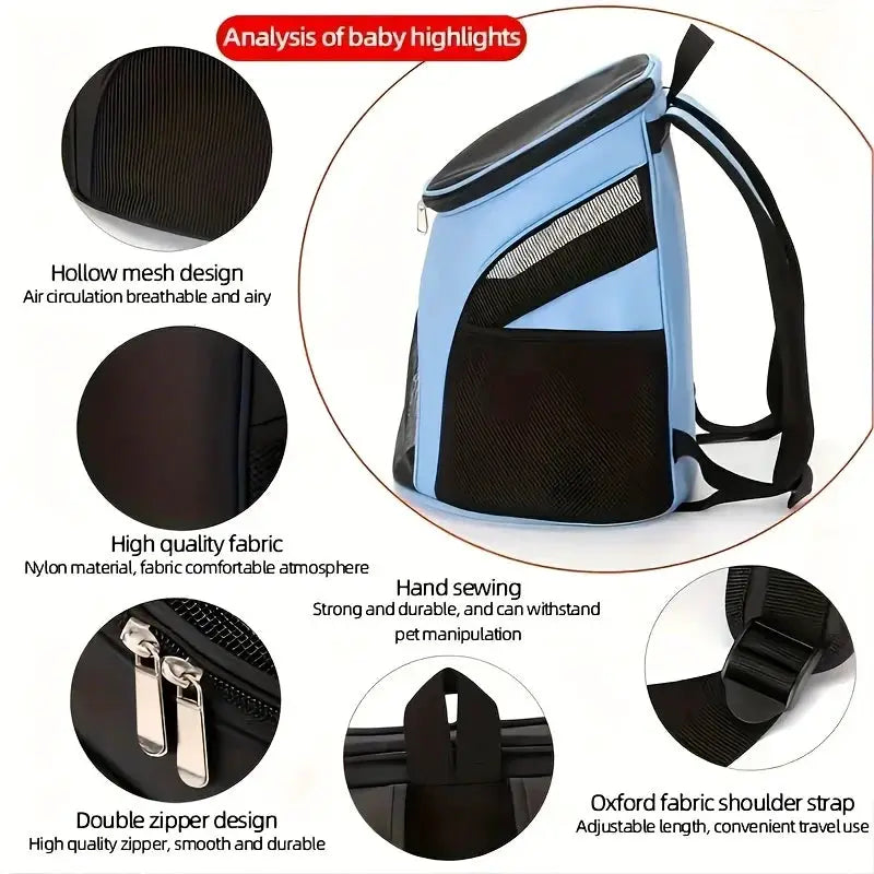 Simples Market portable blue mesh dog backpack with breathable hollow mesh, foldable and large capacity.