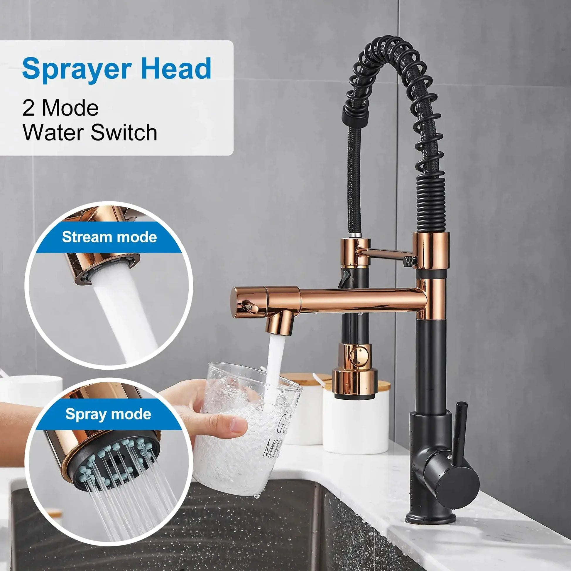 Kitchen faucet with pull-down sprayer, copper finish, high-arc neck and spring coil hose.