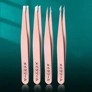 GlowGrove Four Piece Pink Tweezers Set for Eyebrows Eyelashes and Whiskers Grooming