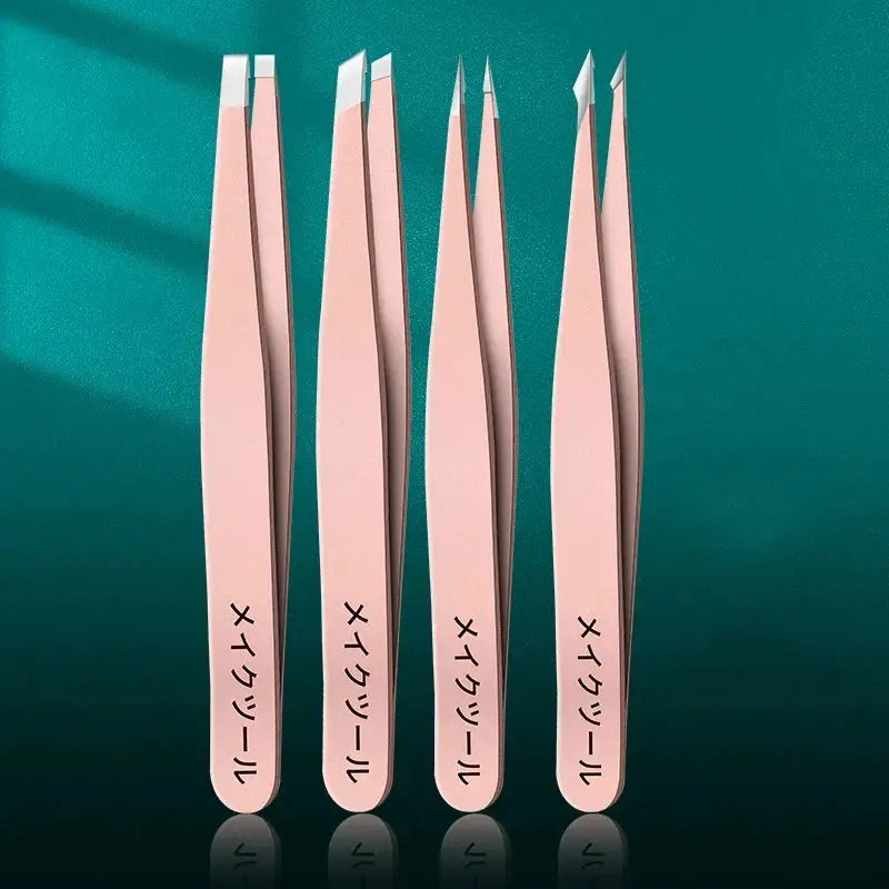 GlowGrove Four Piece Pink Tweezers Set for Eyebrows Eyelashes and Whiskers Grooming