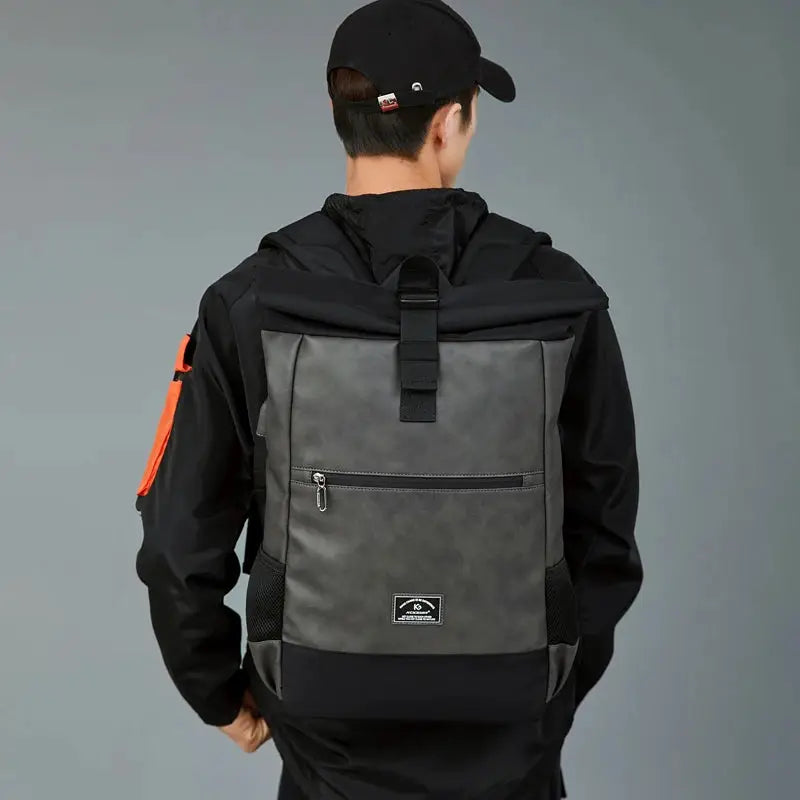 Simples Market waterproof PU leather backpack with roll-top closure, gray-black, front zip pocket