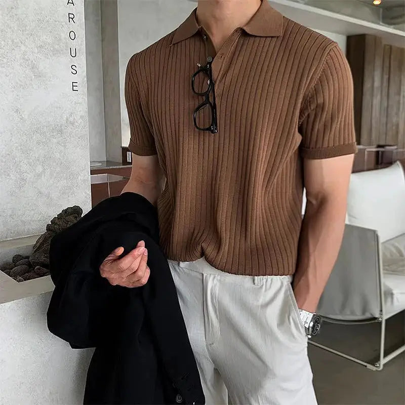 Men's brown ribbed knit polo shirt with short sleeves and lapel collar