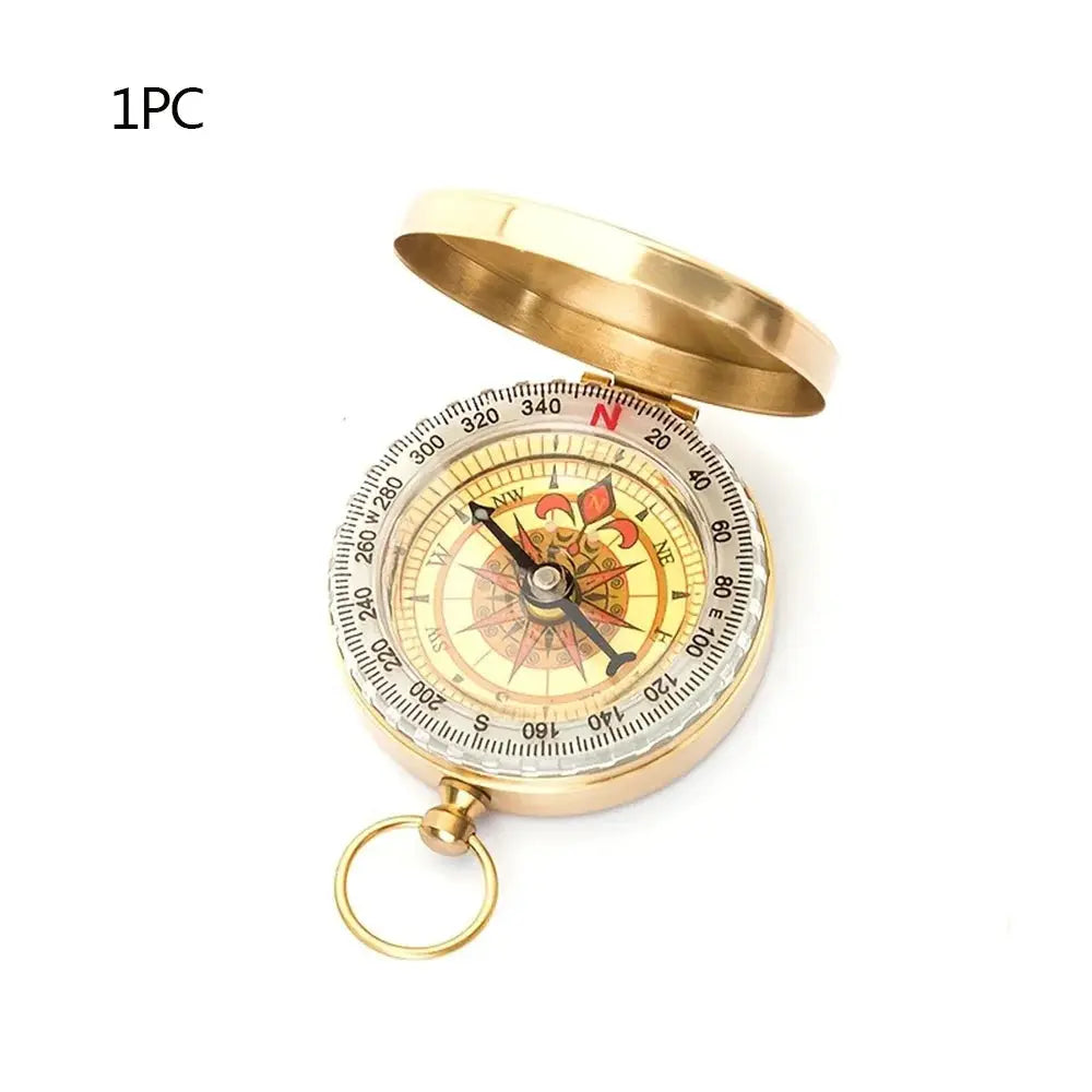 1PC Simples Market brass pocket compass with lid and keyring, gold-tone outdoor navigation gear.