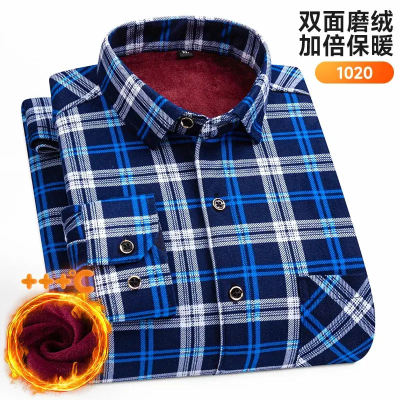 Men's plus-size 7XL/8XL blue plaid long-sleeve flannel shirt with double-sided fleece warmth.