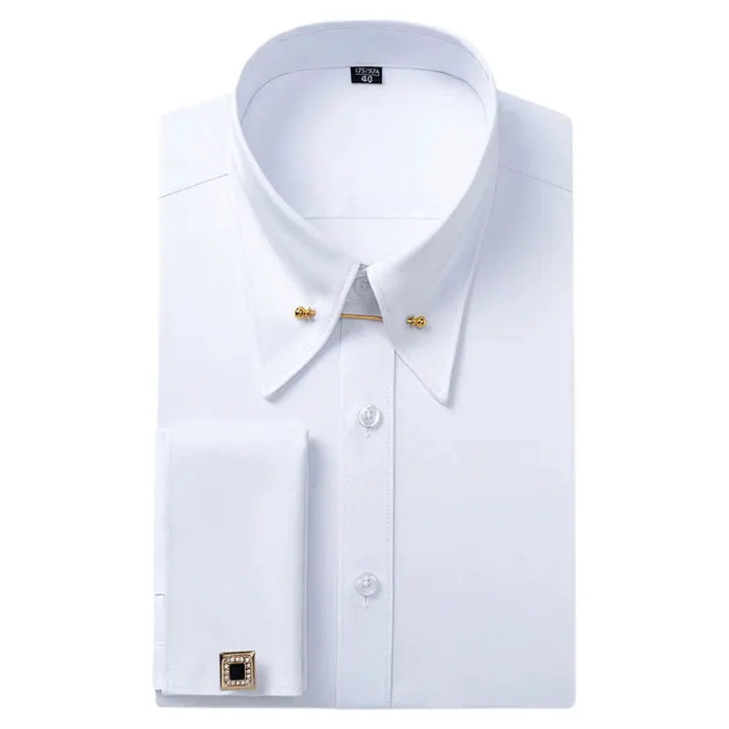 White dress shirt by Simples Market with collar pins and gold square cufflinks