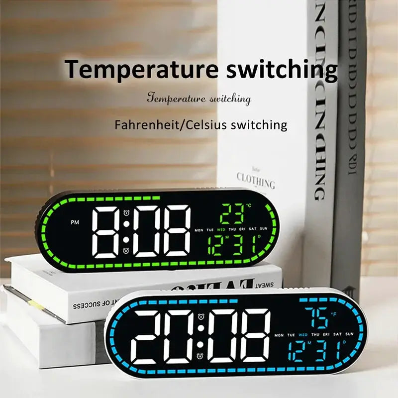 Simples Market digital LED wall clock pair with two alarms, displays time, date and temperature; green and blue borders.