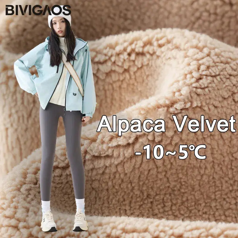 BIVIGAOS Alpaca Velvet leggings for women, high-waist fleece-lined, sharkskin finish in charcoal grey