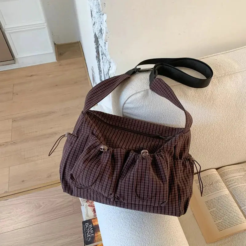 Korean nylon plaid shoulder bag with top zipper and dual straps