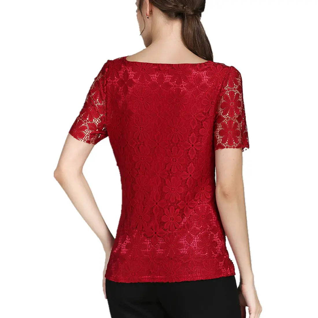 Lace blouse, red with floral pattern, short sleeves, Simples Market