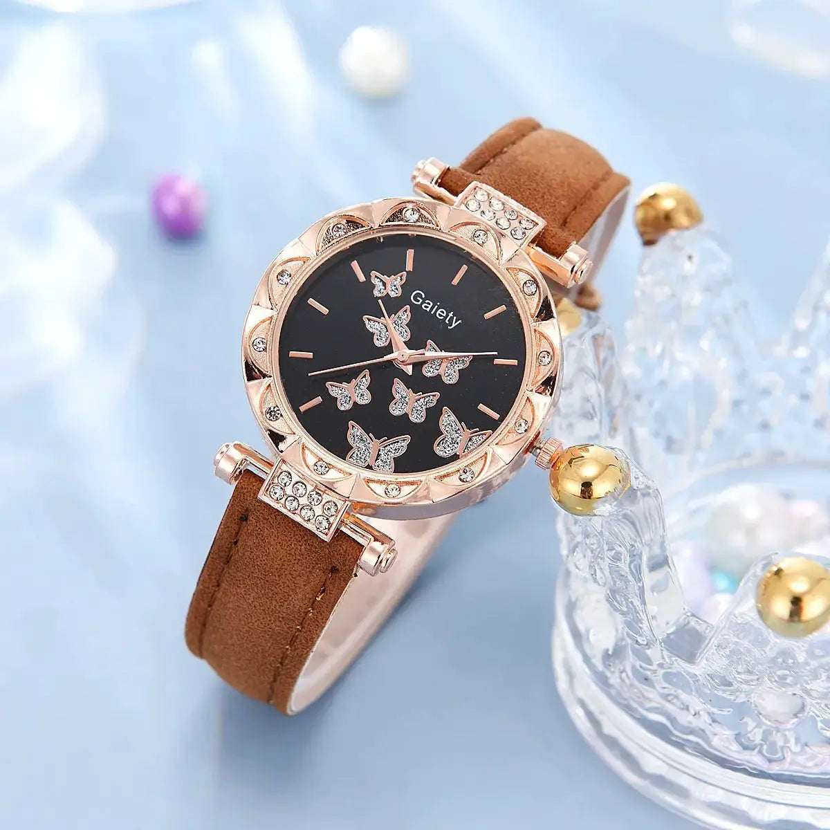 Butterfly Lane Watch Set Leather Strap Quartz Wristwatch With Matching Ring Necklace Earrings Bracelet