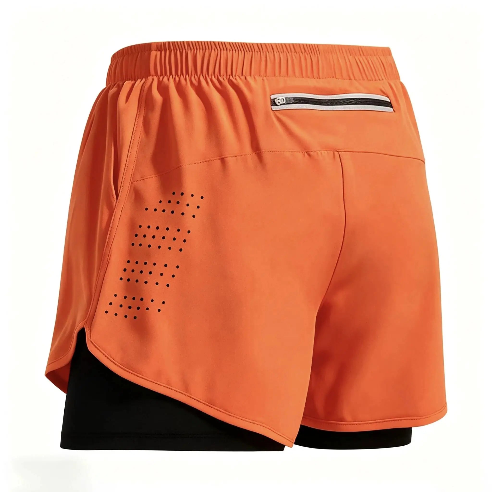 Men's 2-in-1 orange double-layer shorts with black inner layer, breathable perforations, and zip pocket