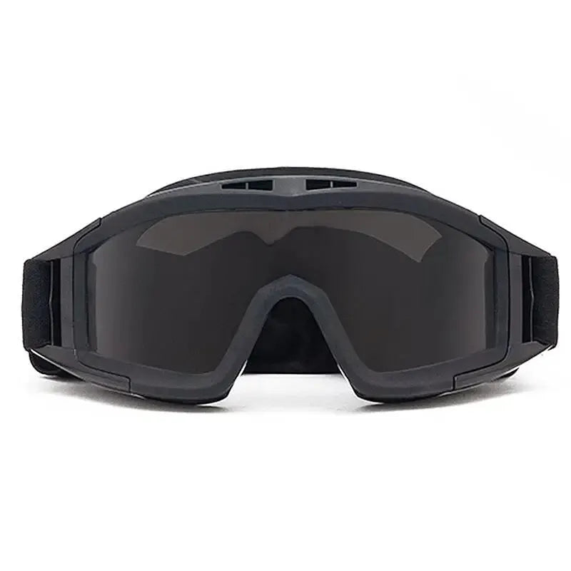 Airsoft tactical goggles with dark lenses, black frame and adjustable strap
