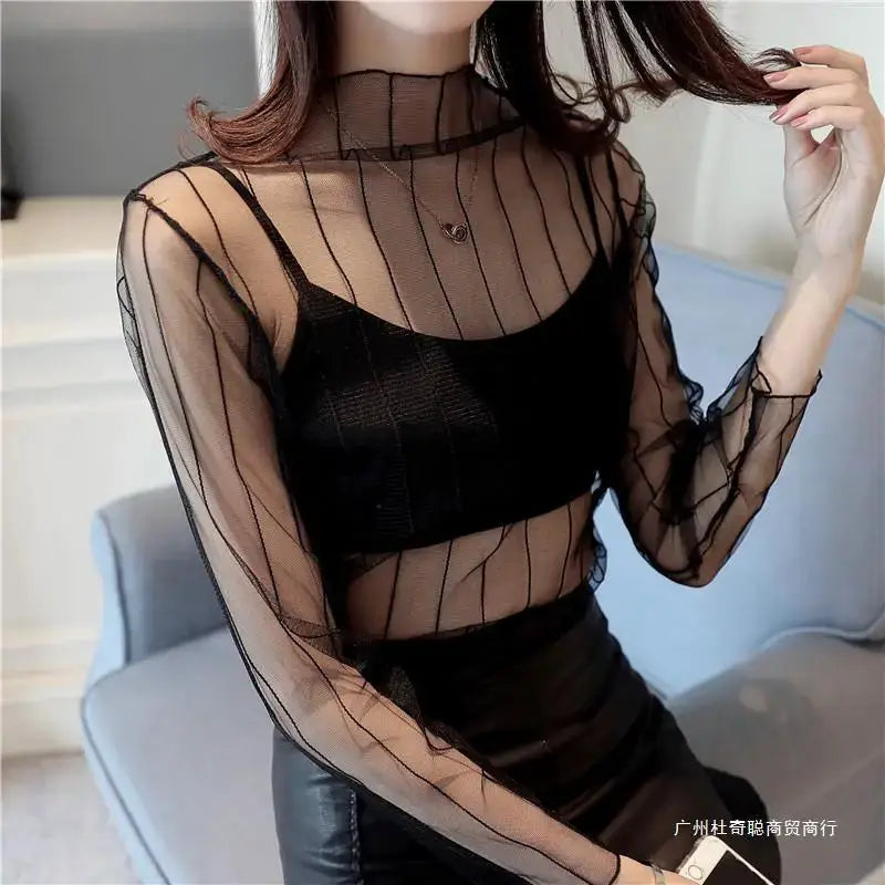 AstraNova Mesh Couture Black Hollow Out Turtleneck Top Sheer See Through Long Sleeve Womens Shirt