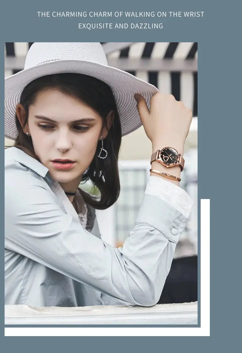 OLEVS 5189 women's quartz watch with rose-gold mesh strap and heart-design dial, Simples Market