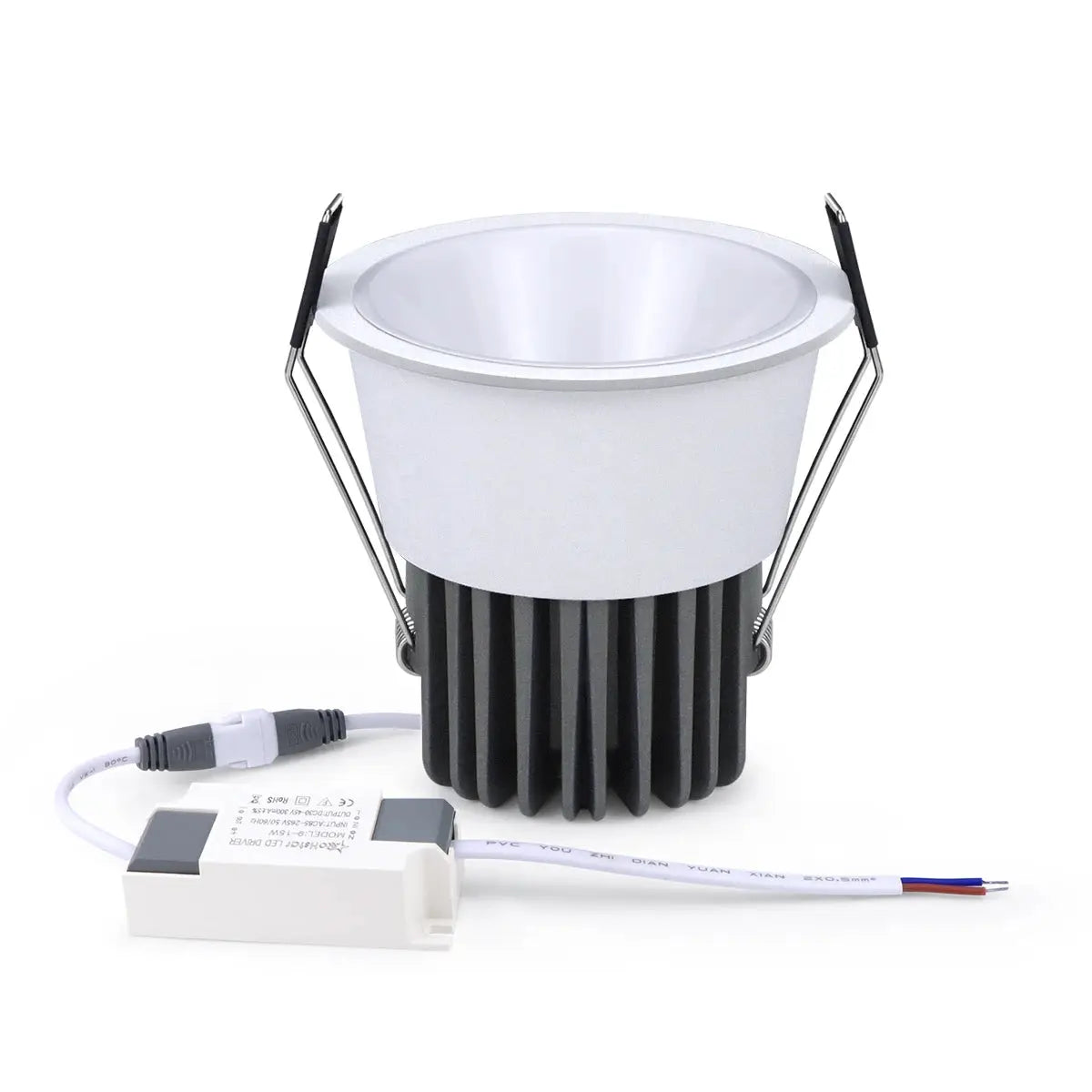 Simples Market aluminum LED spotlight downlight with white reflector and black heat sink, with driver.