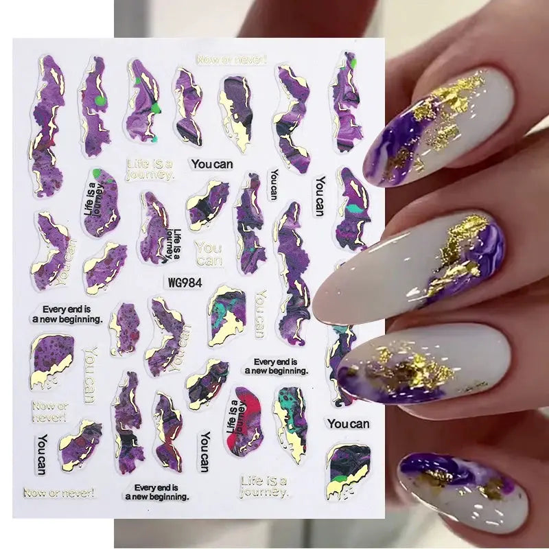 Nail art decals sheet (1pc) by Simples Market with colorful bronzing purple geometric flowers and gold foil