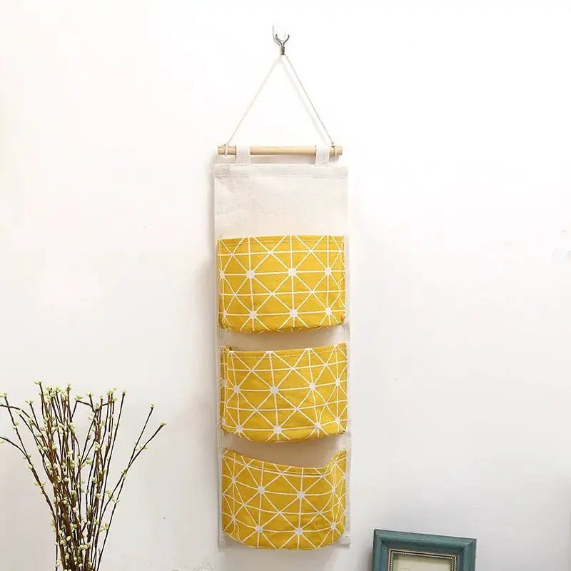 Three Pocket Hanging Wall Storage Bag Cotton Linen Organizer For Bedroom Living Room Kitchen Door Or Wall Mount - Simples Market