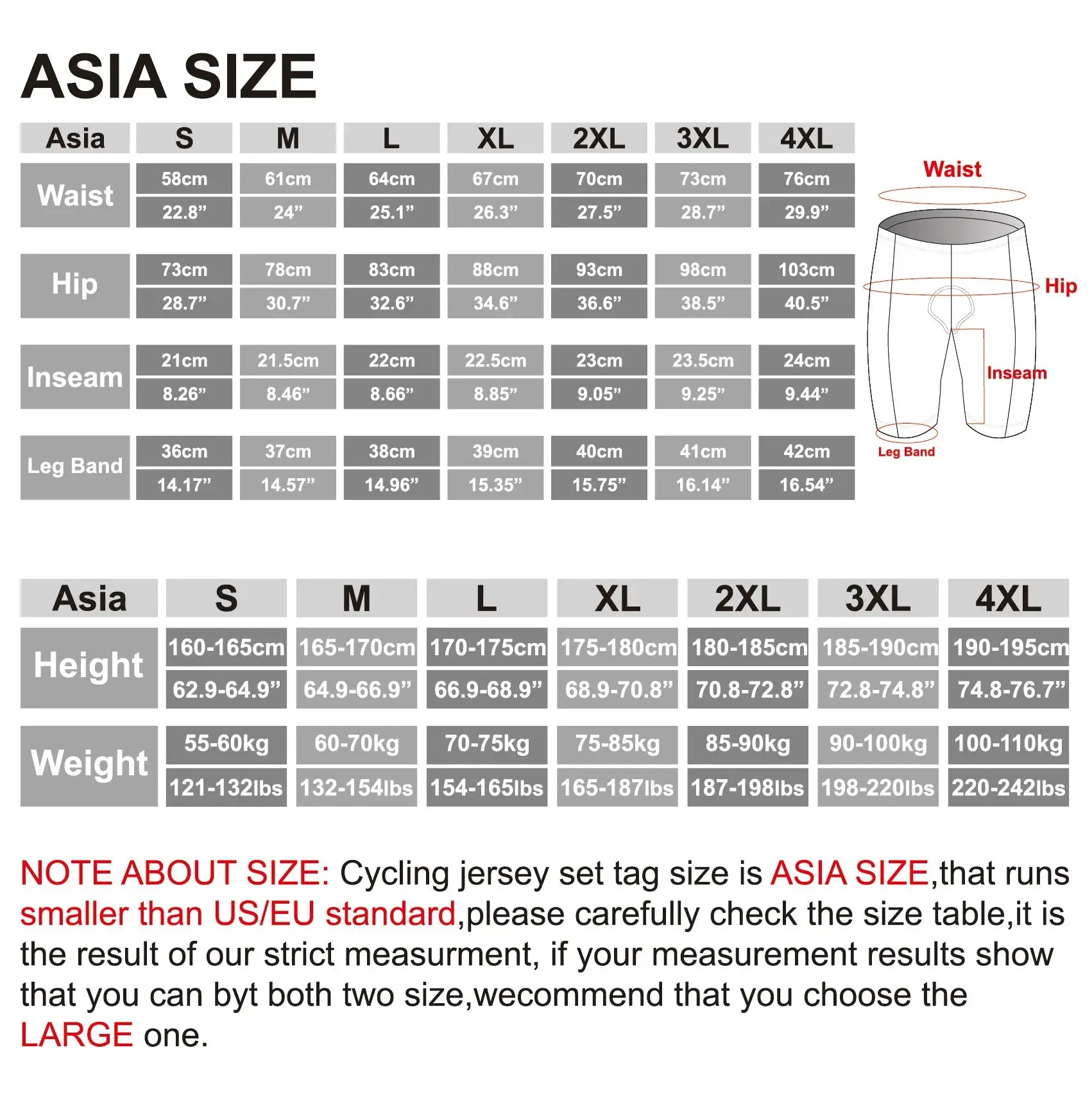X-TIGER men's cycling shorts size chart (Asia) with waist, hip, inseam measurements; Simples Market