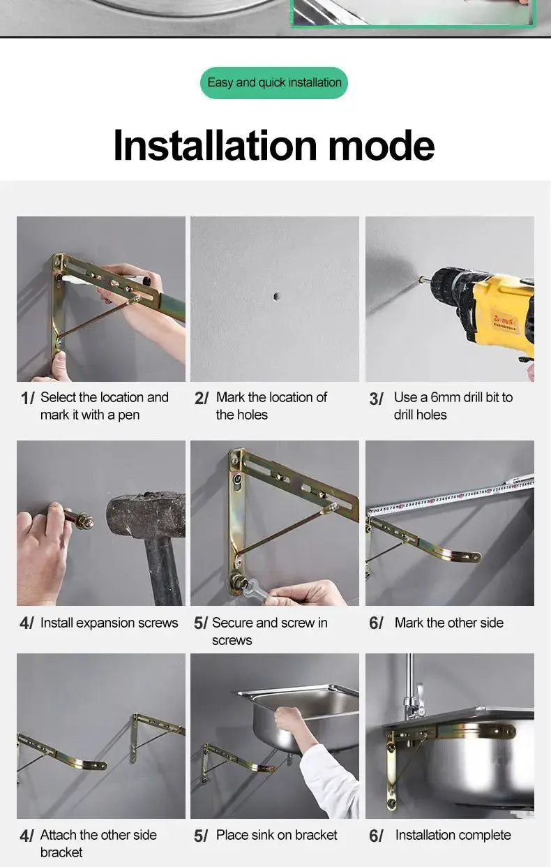 Simples Market 304 stainless steel wall-mount sink bracket kit installation guide with mounting and basin placement
