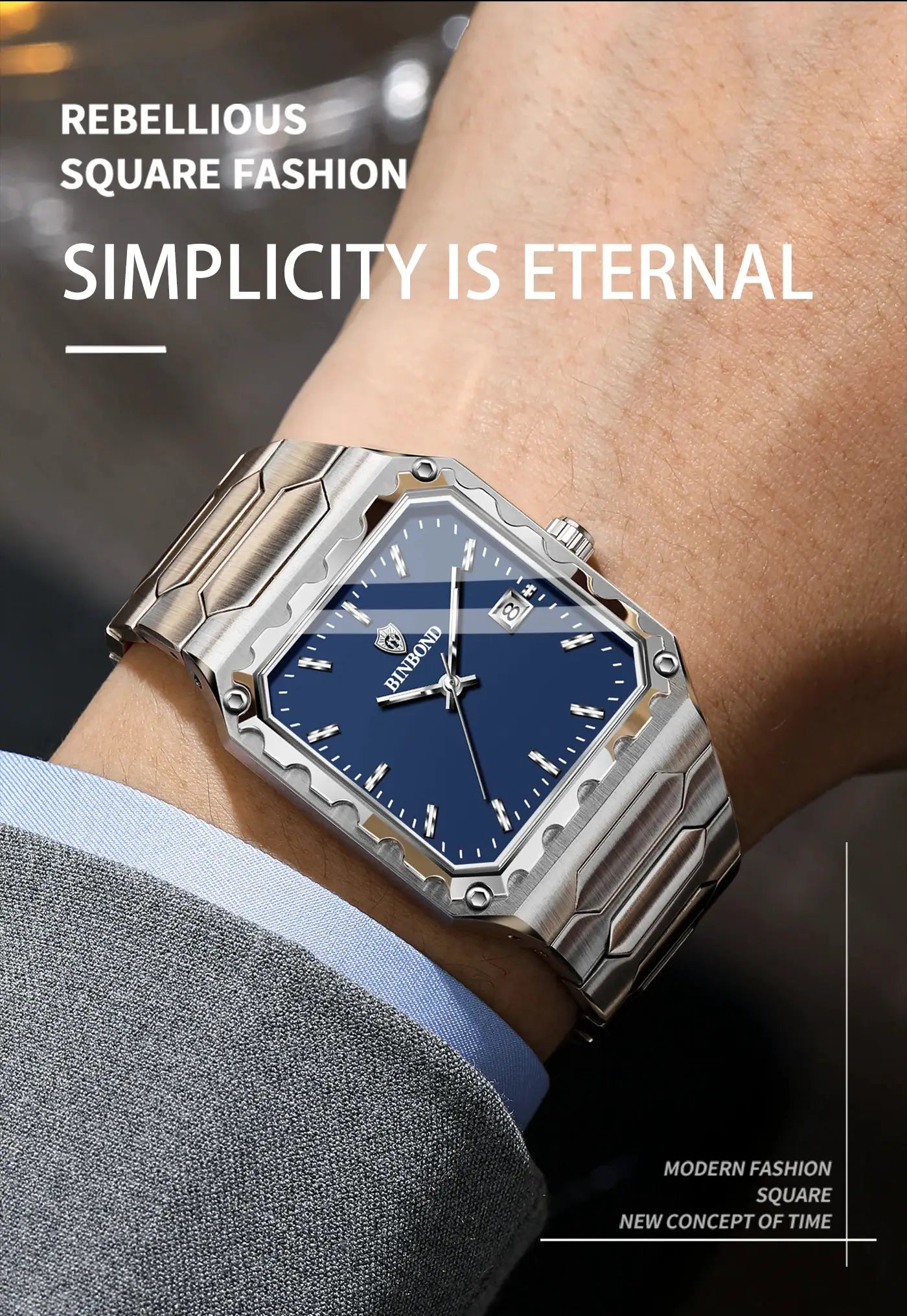 BINBOND stainless steel men's watch with blue dial and angular bezel on wrist