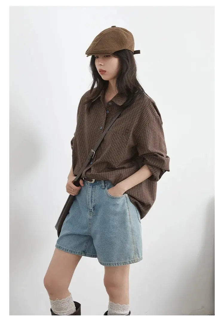 CHIC VEN women's brown plaid loose casual shirt, single-breasted, long sleeves.