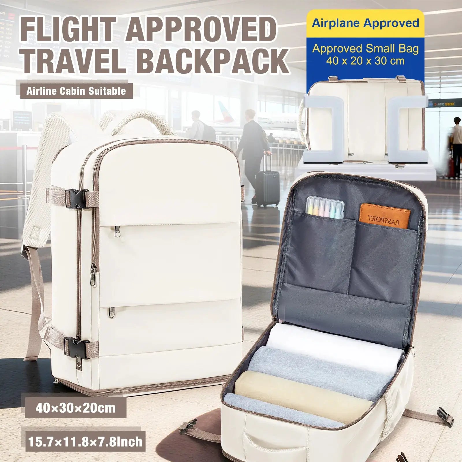 Simples Market flight-approved travel backpack with laptop compartment; white carry-on backpack and gray organizer bag.
