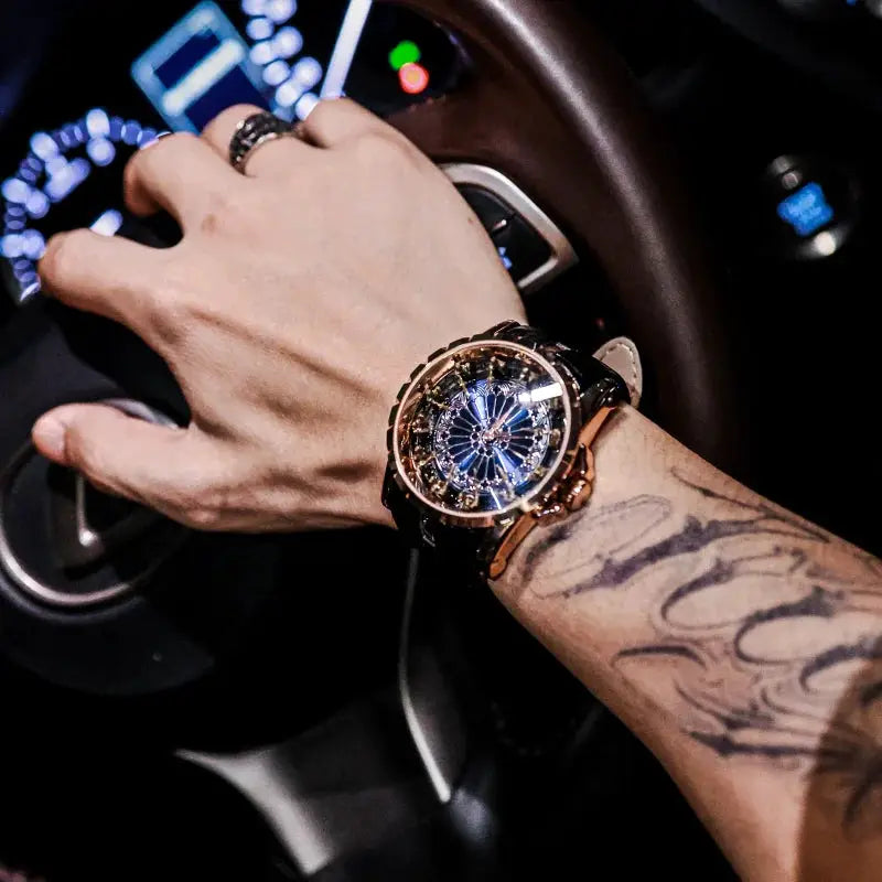 Simples Market Twelve Knights of the Round Table quartz men's watch with blue dial and gold-tone bezel on black leather strap