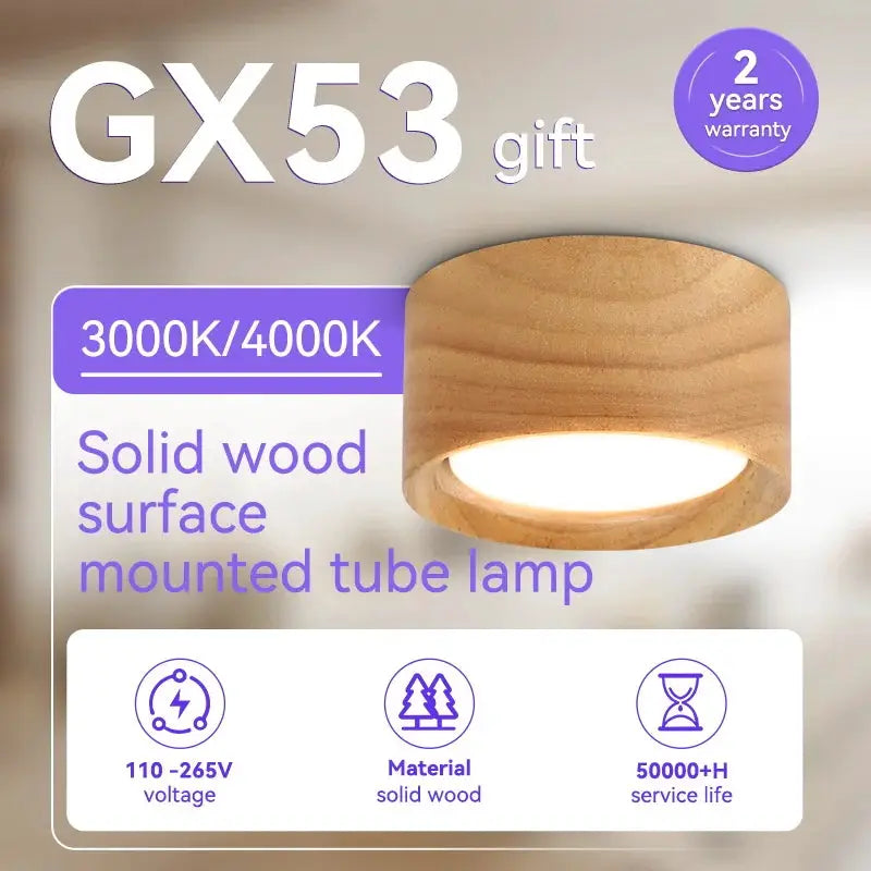 GX53 wooden ceiling lamp; solid wood surface-mounted LED downlight, 3000K/4000K, 220V, Simples Market