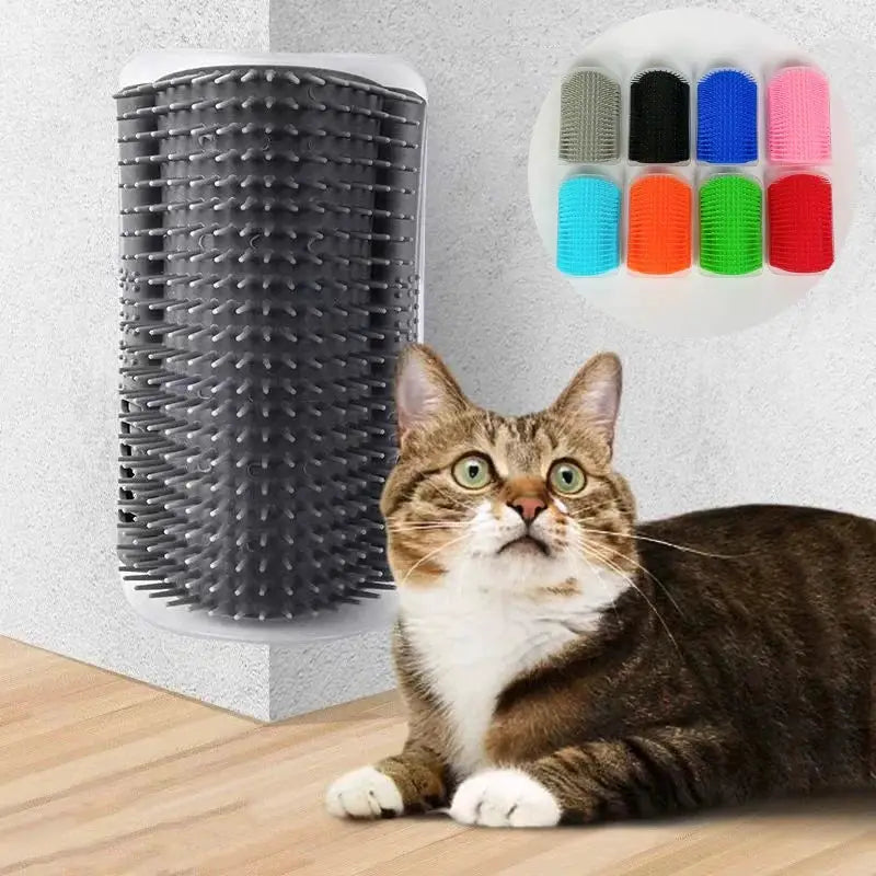 Cat massage tool by Simples Market, self-cleaning wall-mount brush with black cylindrical bristles; color options inset.