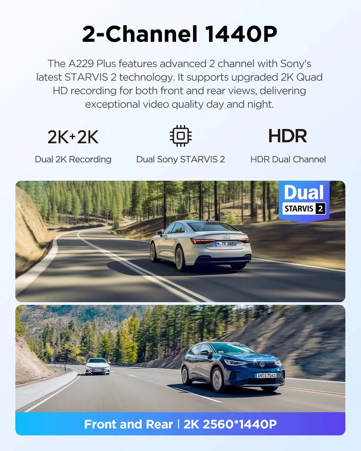 VIOFO A229 Plus dash camera by Simples Market, 2-channel 1440P with Sony STARVIS 2 HDR for front and rear.