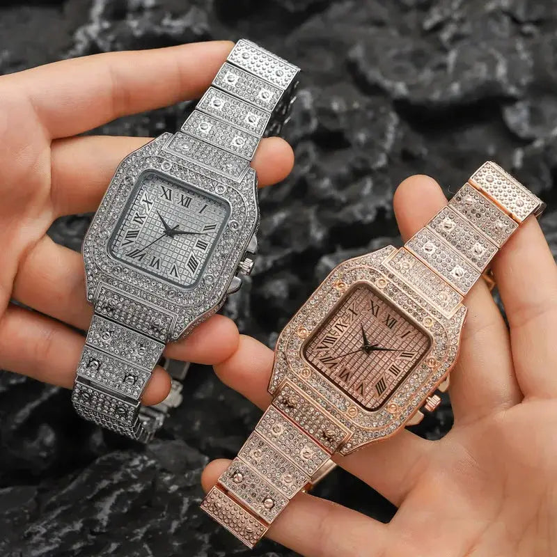 Classic Luxury Mens Steel Strap Square Rhinestone Quartz Watch for Elegant Business Timekeeping