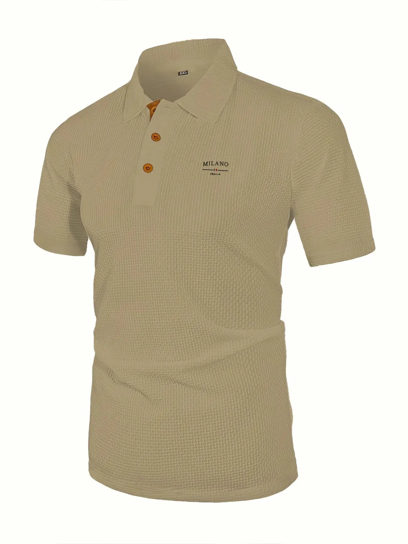 Men's short-sleeved polo shirt in beige with textured knit, three brown buttons on placket, Milano Italia logo on chest.