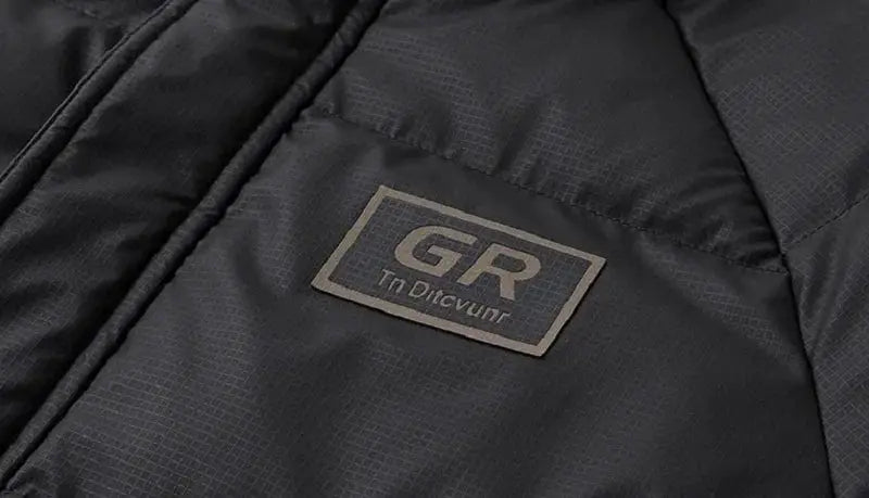 Men's black down-filled puffer jacket with GR patch label on the chest.