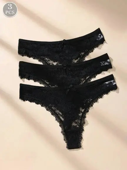Women's black lace bow panties, a 3-pack; low-rise, seamless, breathable underwear.
