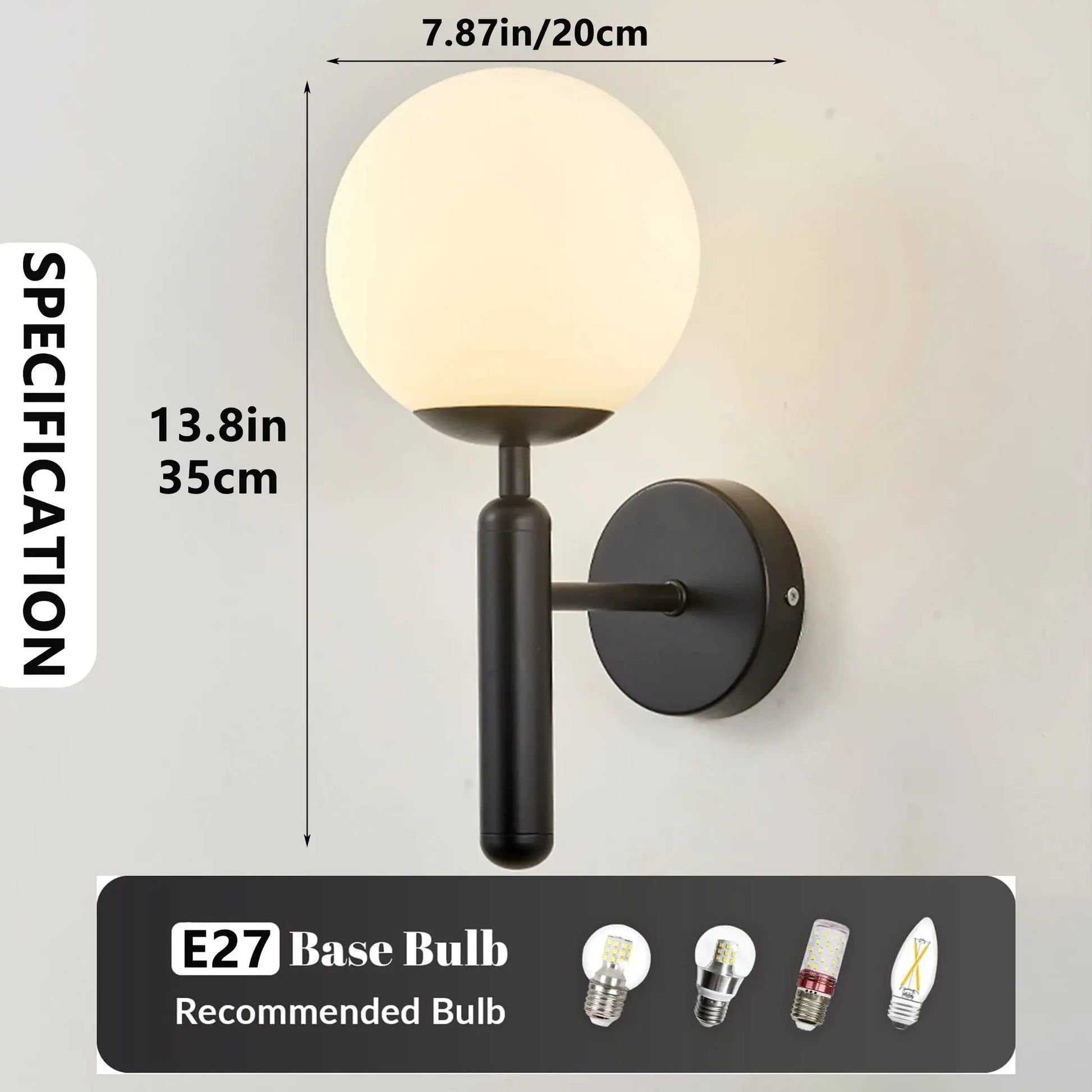 Modern indoor wall lamp by Simples Market with a round white globe shade and black metal mount
