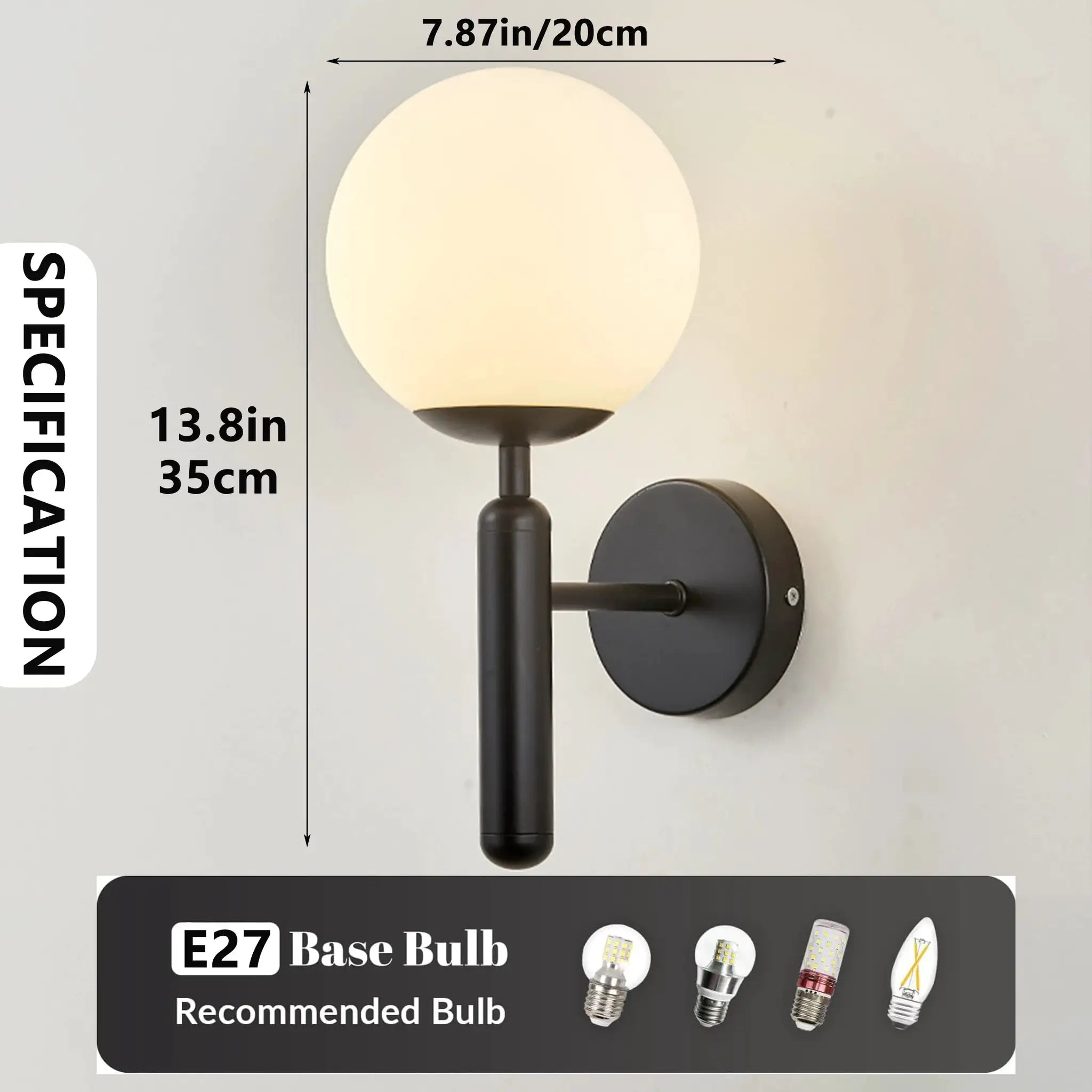 Modern indoor wall lamp by Simples Market with a round white globe shade and black metal mount
