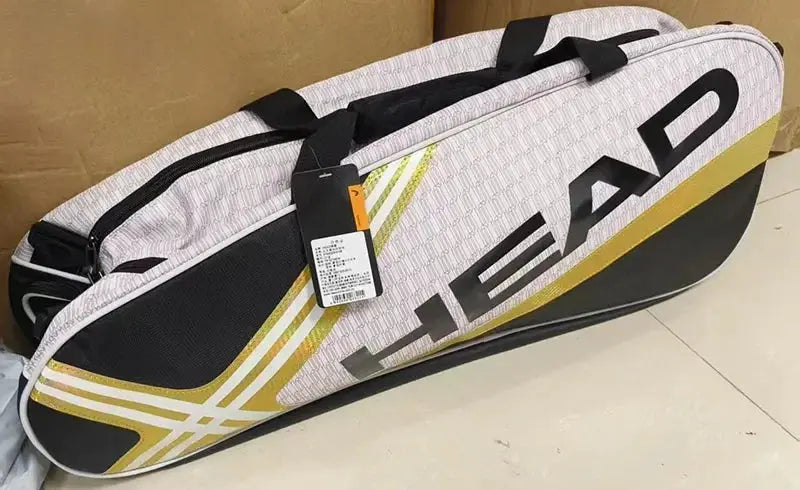 HEAD tennis racket backpack, for 3–6 racquets, white/gray with black and yellow accents, shoes compartment
