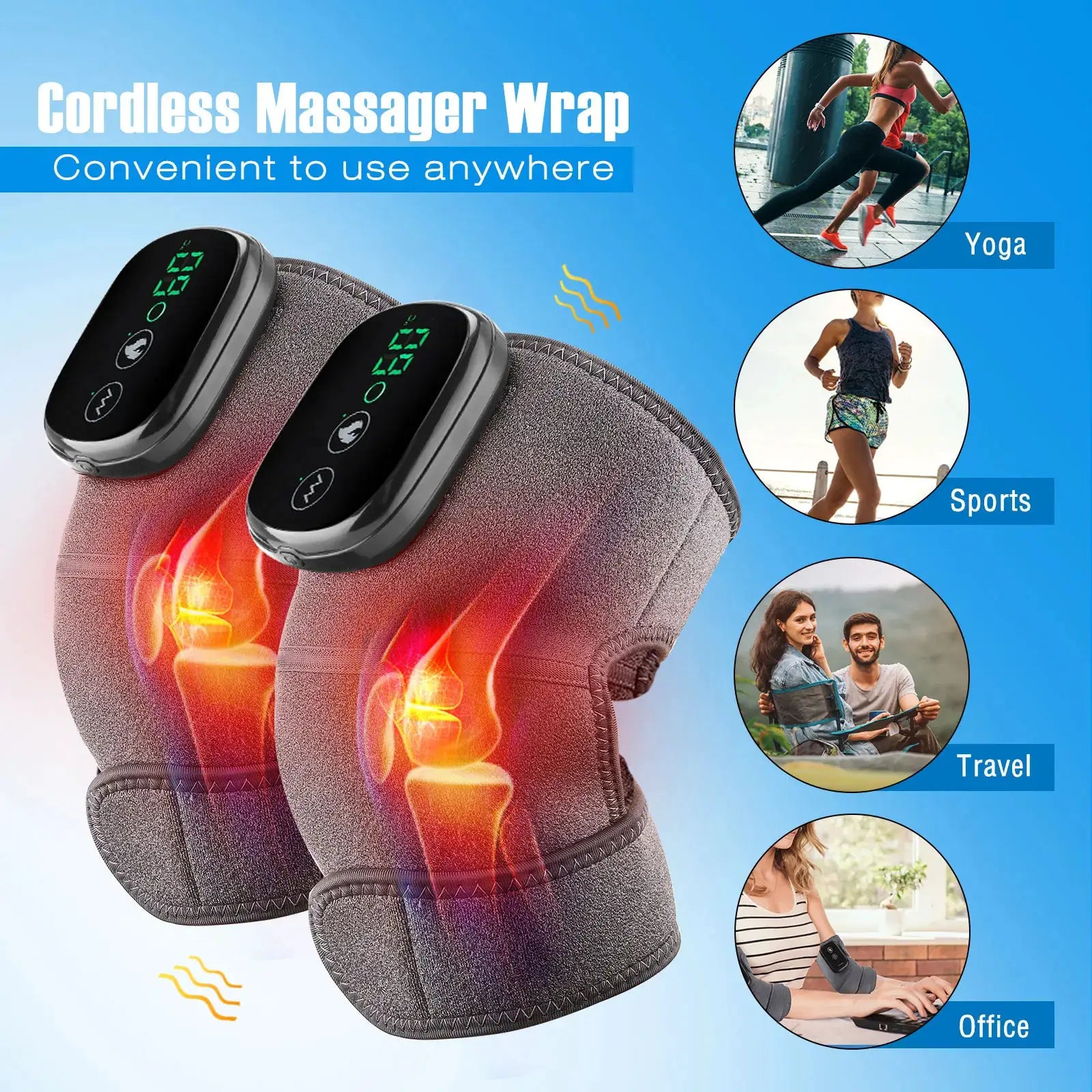Electric heating knee massager wrap by Simples Market; gray fabric with dual black control panels